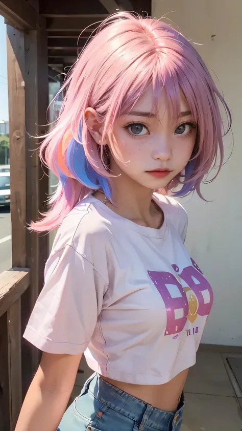 AniPoma 1,(masterpiece, best illustrations, The best manga), alone, 1 girl, purple eye, ( shiny skin, soft hair for cell phones), (Milkshake in hand), freckles, (bright pink two-tone hair:1.3), (is wearing a Led Zeppelin t-shirt, denim jeans), (Intense l...