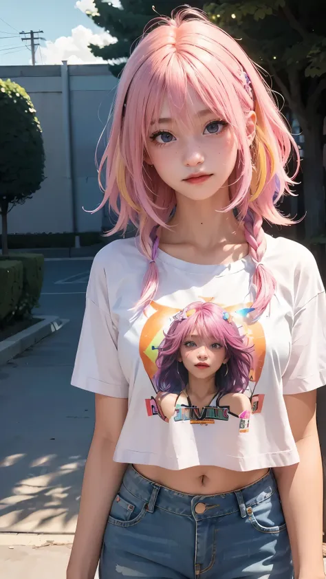 AniPoma 1,(masterpiece, best illustrations, The best manga), alone, 1 girl, purple eye, ( shiny skin, soft hair for cell phones), (Milkshake in hand), freckles, (bright pink two-tone hair:1.3), (is wearing a Led Zeppelin t-shirt, denim jeans), (Intense l...