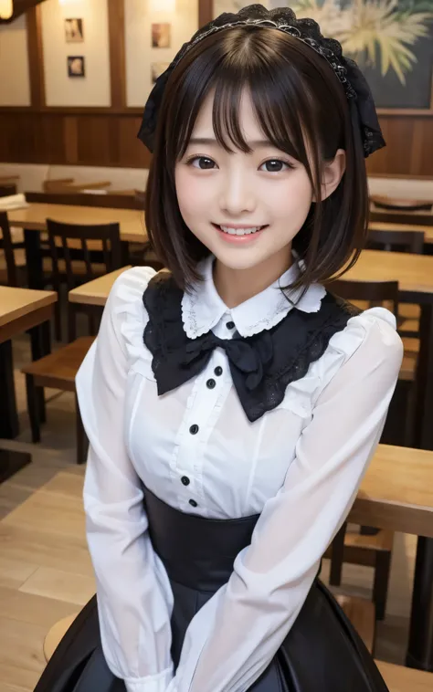 ((Highest quality)), ((masterpiece)), Realistic im ages 、Get down on your knees other than the front 、Very bright expression、big smiles、 Japanese Girls、 realistic im年齢 of the eye area 、small、 look like 、、Age 8、medium bob hair、 black hair、 slim、 body、real...