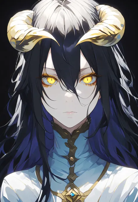 albedoo, black_hair, yellow_eyes, slit_pupils, hair_between_eyes, long_hair,white demon_horns,solo,pov,black background,