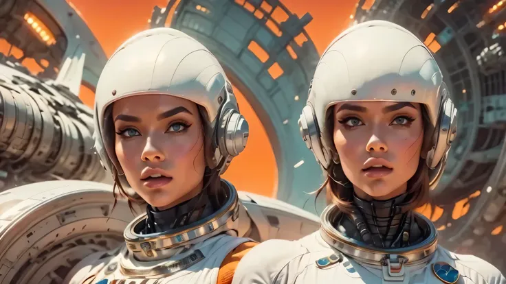 arafed image of a white woman in a futuristic suit with a spaceship in the background, movie art, in front of an orange background, inspired by Robert McGinnis, female protagonist, megastructure in the background, portrait of an ai astronaut, astronauts, a...