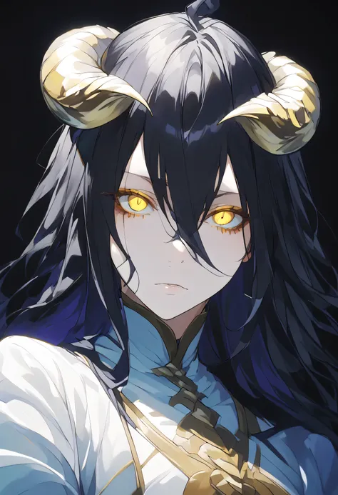 albedoo, black_hair, yellow_eyes, slit_pupils, hair_between_eyes, long_hair,white demon_horns,solo,pov,black background,
