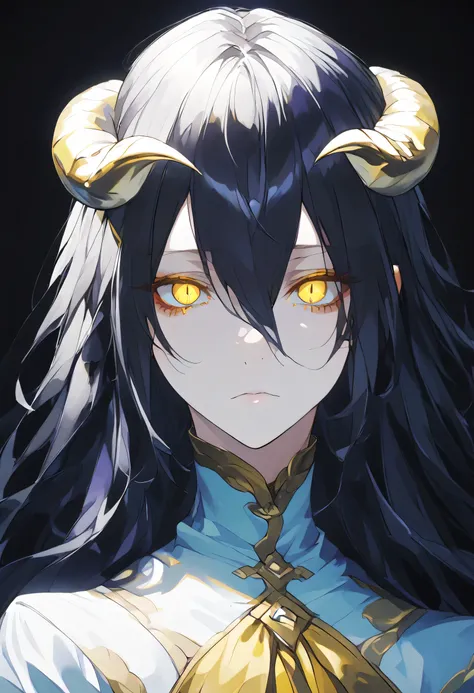 albedoo, black_hair, yellow_eyes, slit_pupils, hair_between_eyes, long_hair,white demon_horns,solo,pov,black background,