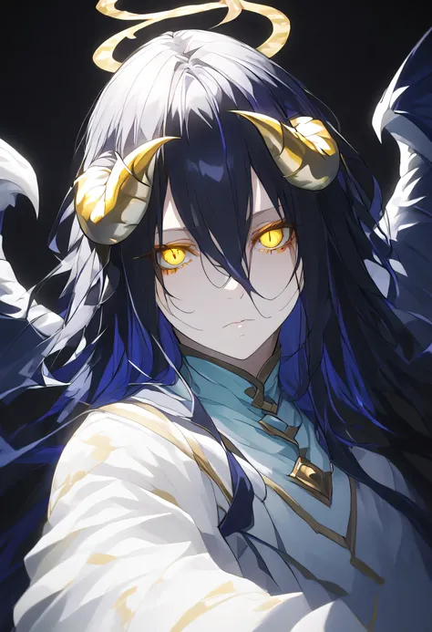 albedoo, black_hair, yellow_eyes, slit_pupils, hair_between_eyes, long_hair,((white demon_horns)),solo,pov,black background,