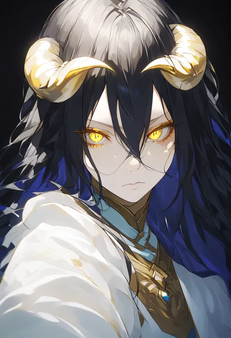 albedoo, black_hair, yellow_eyes, slit_pupils, hair_between_eyes, long_hair,((white demon_horns)),solo,pov,black background,