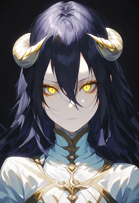 albedoo, black_hair, yellow_eyes, slit_pupils, hair_between_eyes, long_hair,((white demon_horns)),solo,pov,black background,