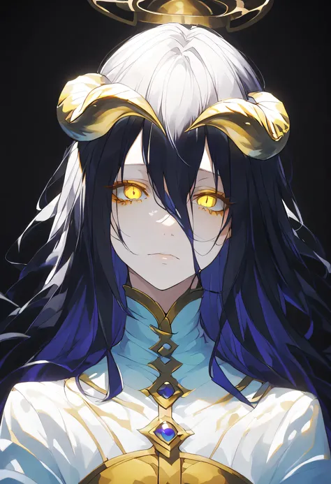 albedoo, black_hair, yellow_eyes, slit_pupils, hair_between_eyes, long_hair,((white demon_horns)),solo,pov,black background,