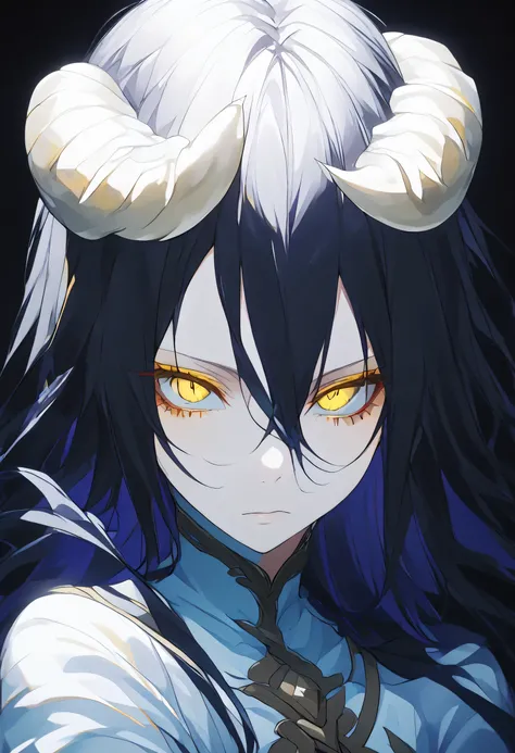 albedoo, black_hair, yellow_eyes, slit_pupils, hair_between_eyes, long_hair,((white demon_horns)),solo,pov,black background,
