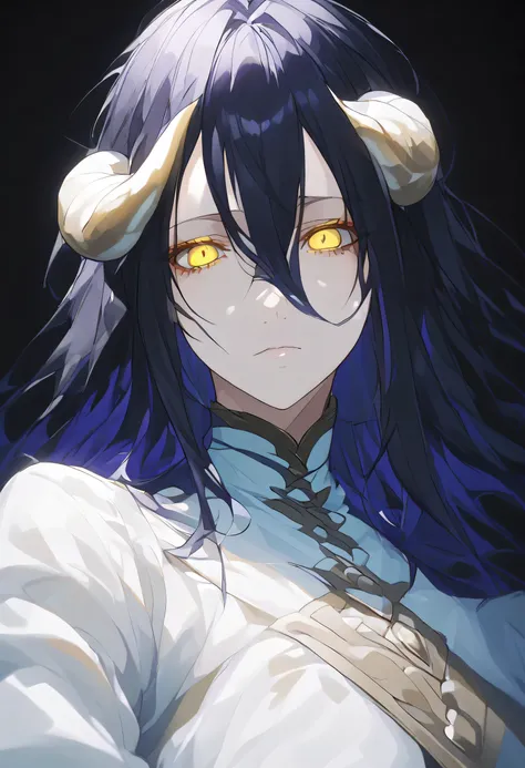 albedoo, black_hair, yellow_eyes, slit_pupils, hair_between_eyes, long_hair,((white demon_horns)),solo,pov,black background,
