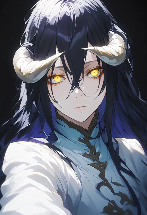 albedoo, black_hair, yellow_eyes, slit_pupils, hair_between_eyes, long_hair,((white demon_horns)),solo,pov,black background,