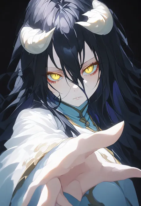 albedoo,(((black hair))), yellow_eyes, slit_pupils, hair_between_eyes, long_hair,((white demon_horns)),solo,pov,black background,
