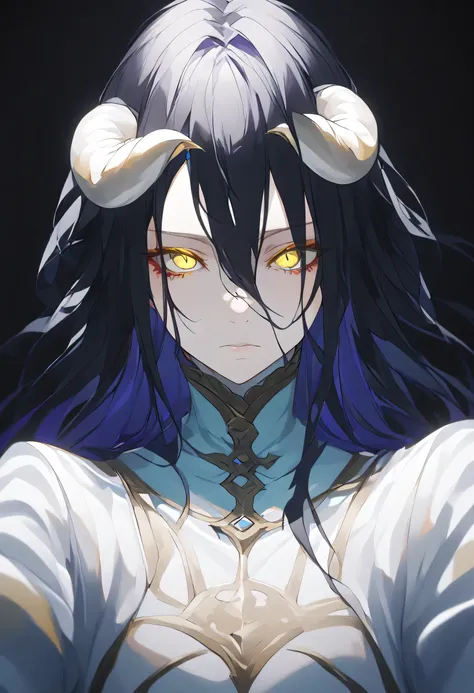 albedoo,(((black hair))), yellow_eyes, slit_pupils, hair_between_eyes, long_hair,((white demon_horns)),solo,pov,black background,