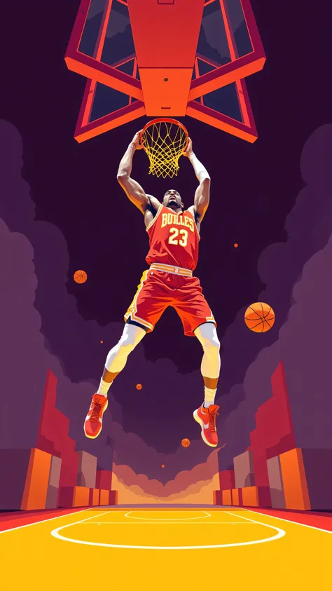 8k, Masterpiece, Top Quality, Low-angle, dynamic, simplified, bold outlines, muted oranges, yellows, deep purples, whites, powerful, energetic, jump shot, dunk, solid yellow, modern, graphic.