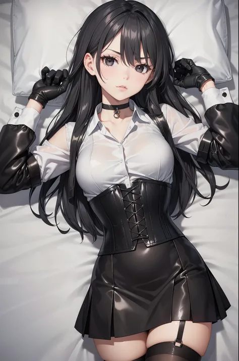 Masterpiece, beautiful art, professional artist, 8K, sciamano240 art style, very detailed face, detailed clothing, Detailed fabric, (A young girl of short stature), (seen from above)), (lying in bed), perfectly drawn body , beautiful face, closed lip ve...