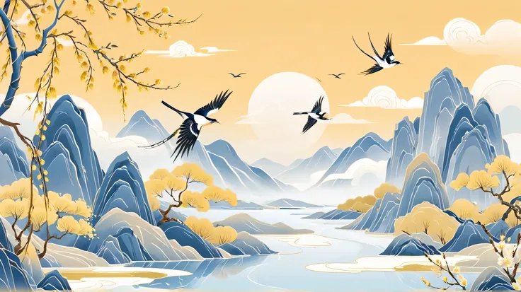 Minimalism,(Golden section composition), (Golden Ratio),Minimalism, Mountain, river, willow,Magpie,Willow branches,willow枝条, spring, Sky, cloud, cartoon, Flat illustration,Chinese style,Chinese,GCCH