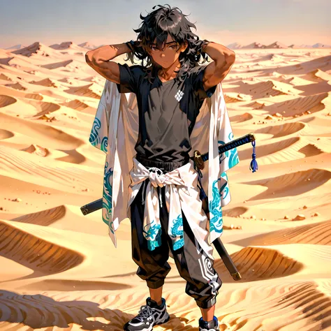 ((Highest quality)), ((masterpiece, detailed, official, High resolution)), ((Perfect Face, detailed eyes,)), ((masterpiece, best quality, 1young adult, male focus, masculine, solo, closed mouth, muscle, sword behind back,)) (medium length hair, black hair,...