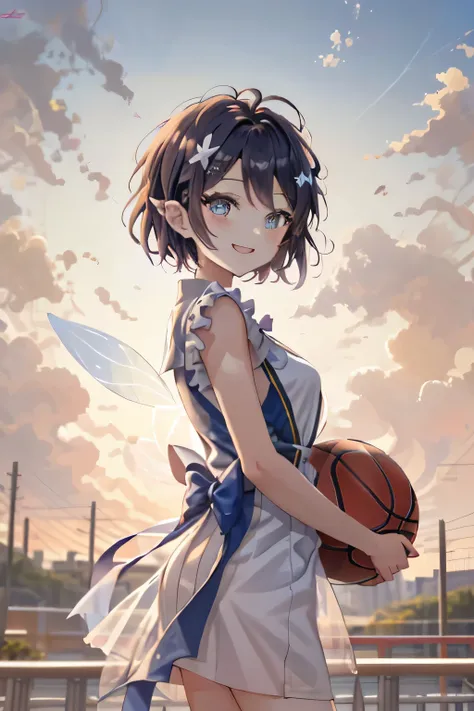 from side shoot, 1 female fairy, short hair, Radiant smile, Beaming with joy, flying with wing, holding a basketball, Motion lines, blue sky, the sky above, in the air (absurdres, masterpiece, 8K)