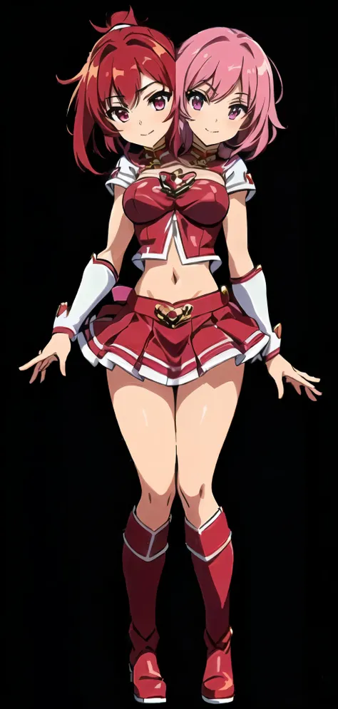 (masterpiece),(ultra-detailed), (high quality), (high resolution), (best quality:1.5, highres, UHD), highres, absurdo, ultra detail, ultra quality, Ultra resolution, 16k, (2heads:1.5) 1girl,((hot pink hair)), purple eyes, hair ornaments, red armor chest pi...