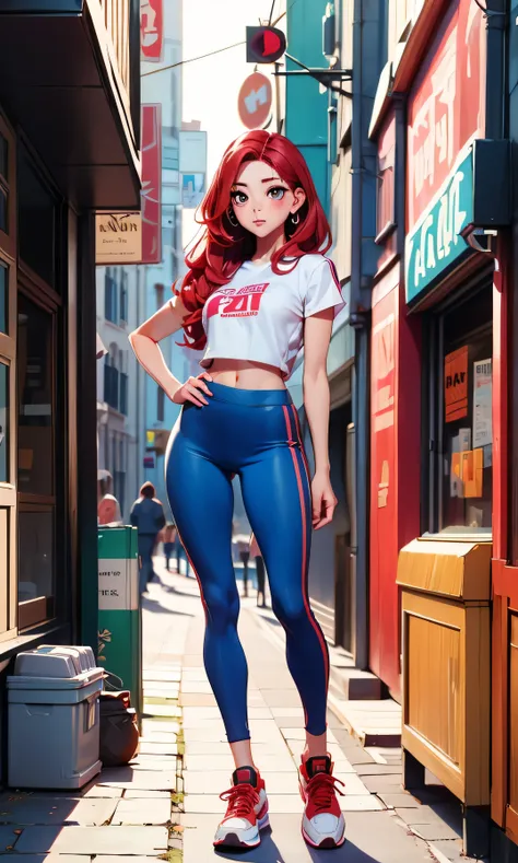 Masterpiece, high facial detail, a beautiful girl, Yuna ITZY, actress yuna, red hair, black eyes, blushing, full body, a tall girl, flat chest, abdomen, textured skin, nice legs, long legs, red top, blue pants, sport shoes, head on, standing, sexy pose, in...