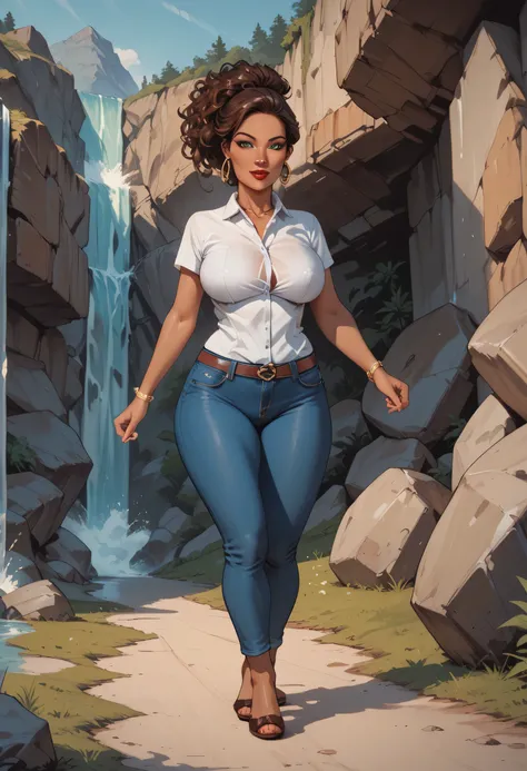 (masterpiece, best quality:1.4), brown hair, green eyes, curvy, female, dark-skinned female, tan, 1girl, solo, mature female, breasts, white shirt, blue jeans, teacher, collared shirt, curvy, red lipstick, outdoors, rocks, gravel road, waterfall, walking, ...