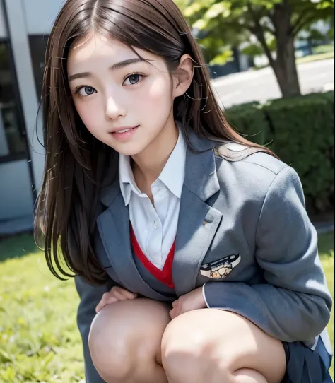(masterpiece:1.2), Japanese, (18 years old), (((girl))), ( school uniform blazer that makes girls feel tight ), collar shirt, outdoor, plump, sunshine, squat