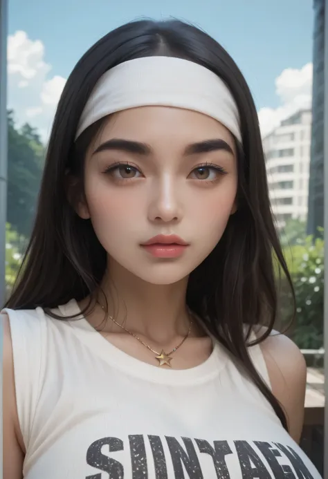 perfect face, face, long hair, black hair, (bandhead), (white bandhead), black eyebrows, thick eyebrows, brown eyes, black eyeliners, blush, nose, thick lips, beautiful woman, necklace star, huge breasts, tank top, white tank top, forest, cloud sky