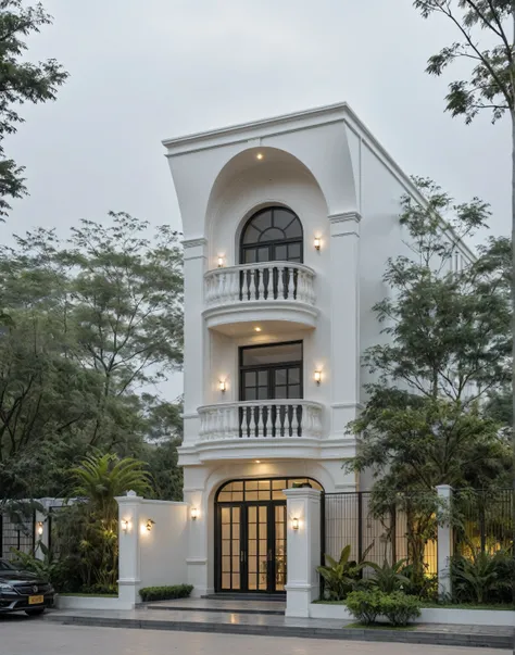 RAW photo, a photo of a classic house, (curvilinear architecture:1.4), rounded wall , white wall ,steel dark door, classic bancony, sidewalk, sidewalk, trees, road, viet nam modern residence, ((architectural shot)), classic house, new residential area, wid...