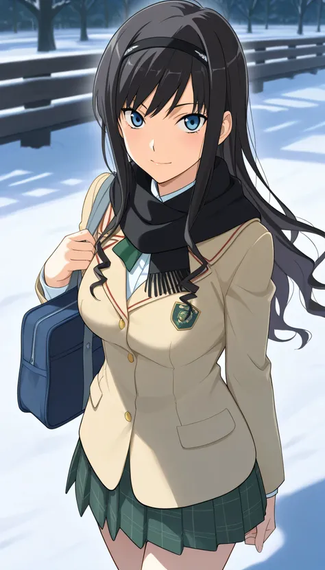 Masterpieces, Detailed Model, Exquisite Piece, precise, 1 girl, Source Anime, haruka morishima, black hair, ที่คาดblack hair, blue eyes, medium breasts, , put on a school uniform,  Black Scarf , Walk Park, snow