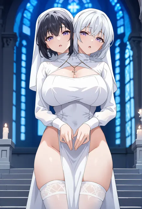 conjoined, 2girls, 2heads, two heads, a tall thin girls with 2 heads, white hair, black hair, purple eyes, large breasts, front shots, white and black mix nun clothes, pelvic curtain, white and black mix dress, long sleeves, white stockings, veil, white ch...