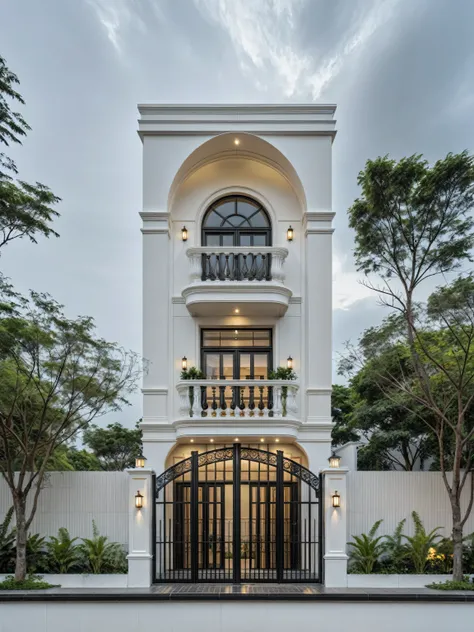 RAW photo, a photo of a classic house, (curvilinear architecture:1.4), rounded wall , white wall , steel dark gate , sidewalk, sidewalk, trees, road, viet nam modern residence, ((architectural shot)), modern house, new residential area, wide angle exterior...