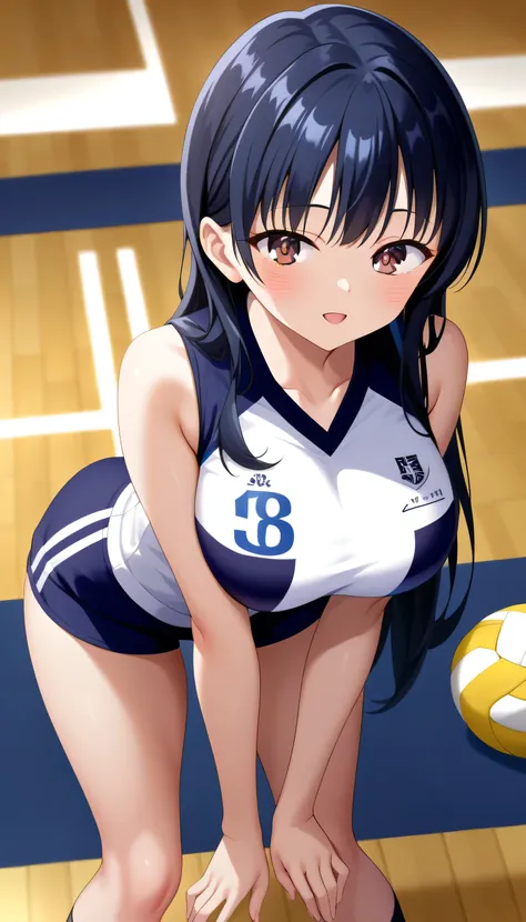 ( beautiful breasts) (( detailed eyes )), excellent anatomy, masterpiece, top quality of talks , is present, 1girl, Yamada_Anna, Big Breasts , Show accurately , ((sleeveless volleyball uniform))　 Show Black Bras 　((Long hair, Dark Blue Hair)), ((Brown Eyes...