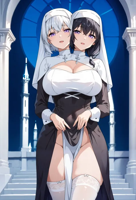 conjoined, 2girls, 2heads, two heads, a tall thin girls with 2 heads, white hair, black hair, purple eyes, large breasts, front shots, white and black mix nun clothes, pelvic curtain, white and black mix dress, long sleeves, white stockings, veil, white ch...
