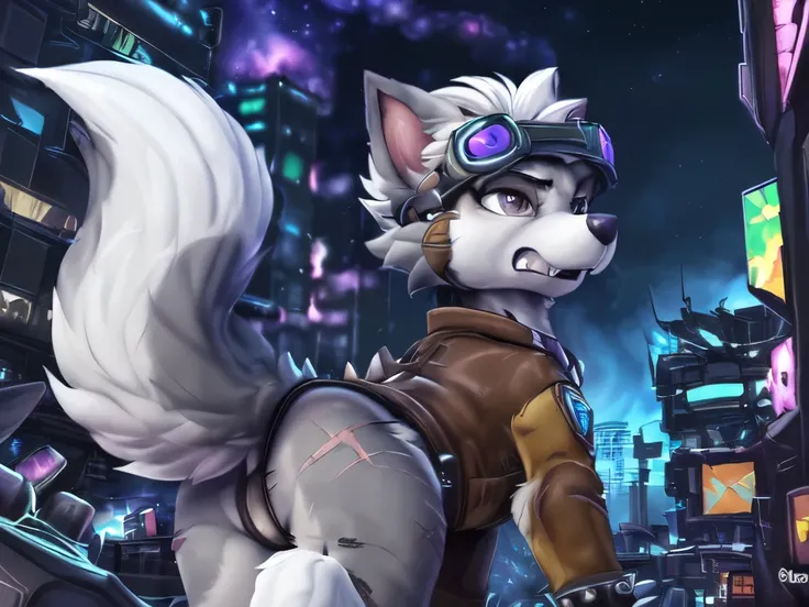 Gasket, ((Paw Patrol)), ((female solo)), domestic dog, female, adult female, brown eyes, (((gray fur)), ((gray body)), (wearing brown leather jacket:1.25), (wearing spike wristband:1.25), (feral:2.25) (quadruped:2.25), (hair over eyes:1.25), (white hair:1....