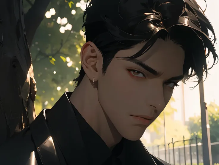 23-year-old man in a park scene, with low dark lighting, He's wearing a leather belt