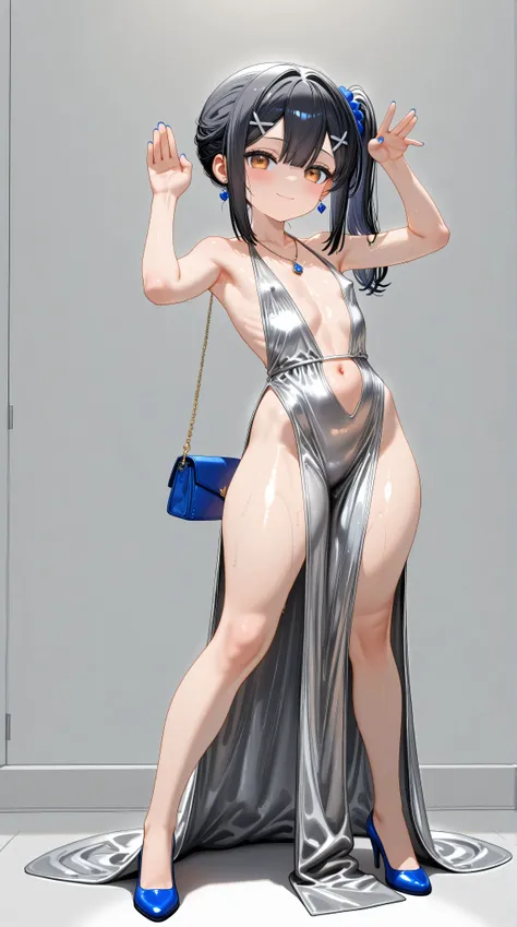 1girl,(Miyu Edelfelt),loli,toddler,petite,cute face,black hair,brown eyes,seductive smile,solo,huge ass,full body,colored skin,erect nipples, jewelry, dress,necklace, bangs,x hair ornament, bare shoulders, side ponytail, halterneck, plunging neckline, side...