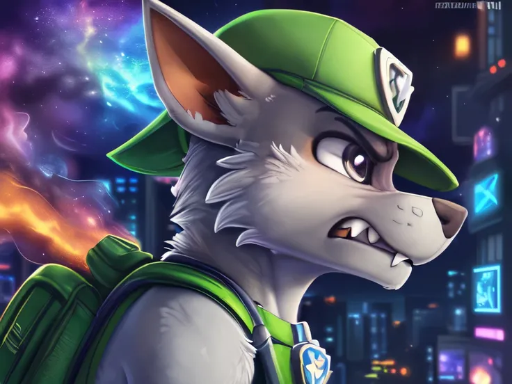 Rocky ((Paw Patrol)), ((male solo)), (male:1.95)domestic dog, male, adult male, brown eyes, (((gray fur)), ((gray body)), (wearing Paw Patrol gear:1.25), (wearing a green cap:1.25), (wearing Paw Patrol bagpack:1.45), (feral:1.25), (quadruped:2.25), ((sharp...