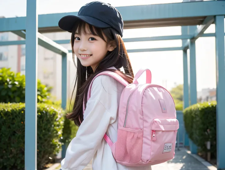 A normal cute elementary school student carrying a pink backpack、Japanese、smile、precise depiction、hat、bright atmosphere、Commuting、