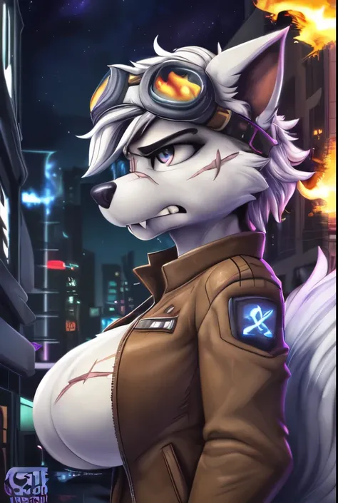 Gasket, ((Paw Patrol)), ((female solo)), domestic dog, female, adult female, brown eyes, (((gray fur)), ((gray body)), (wearing brown leather jacket:1.25), (wearing spike wristband:1.25), (large breasts:1.25), (huge breasts:1.25), (hair over eyes:1.25), (w...