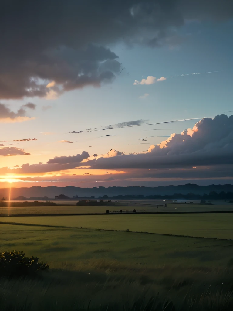 A striking contrast unfolds as dark, tumultuous clouds hang densely above a vibrant green landscape, where lush grass stretches endlessly under a foreboding sky. The clouds swirl dramatically, their deep shades of gray and hints of ominous green suggesting...