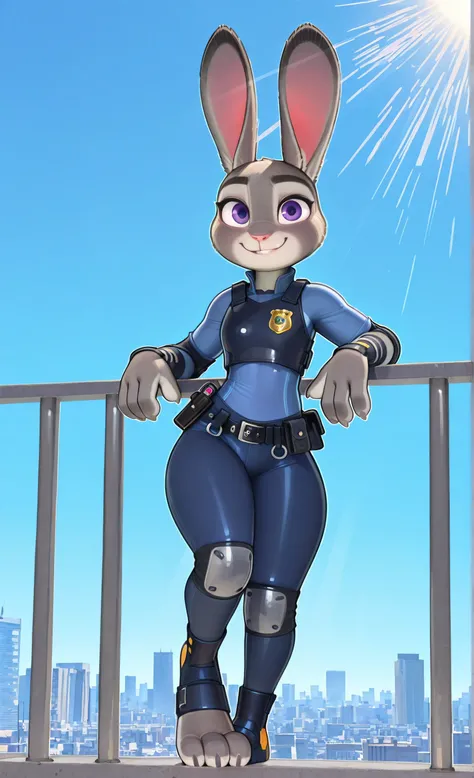 ((Judy Hopps)), ((Pixelsketcher)), ((wamudraws)), ((masterpiece)), ((high resolution)), ((solo portrait)), {(attractive figure), (thick thighs), (beautiful legs), (pretty feet), (three fingers), (three toes), (claws), (grey fur), (pink nose), (multicolored...