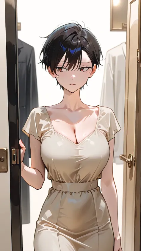 masterpiece,best quality , safe, 1girl cool mature handsome tomboy 20 years old, dress ,big breast,
((slim body, slender Body))、Chest Valley