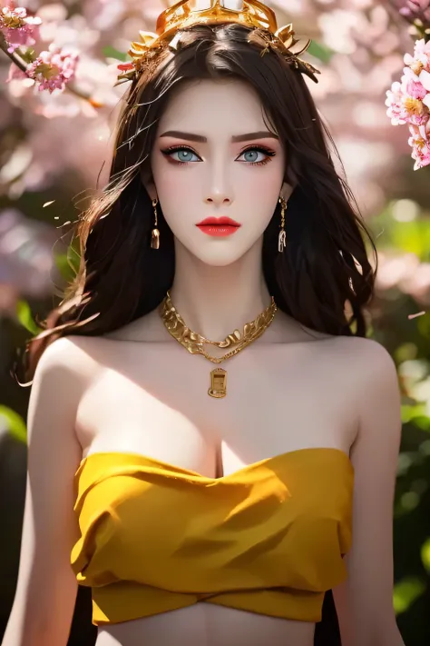 One 20 year old girl, breast 1.1, navel,upper body,bare shoulders,wears red tube top,red skirt, blue gems,shiny skin,hand in own hair,(mature female),milf, beautiful cai lin, deep blue eyes, jet black long hair, 8k resolution high quality. ...