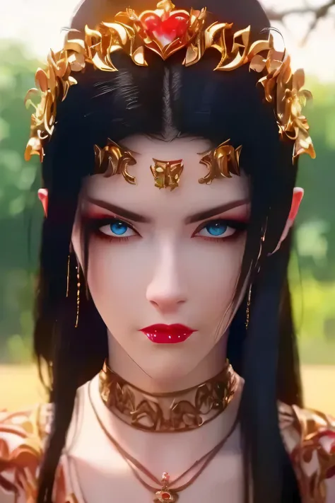 One 20 year old girl, breast 1.1, navel,upper body,bare shoulders,wears red tube top,red skirt, blue gems,shiny skin,hand in own hair,(mature female),milf, beautiful cai lin, deep blue eyes, jet black long hair, 8k resolution high quality. ...