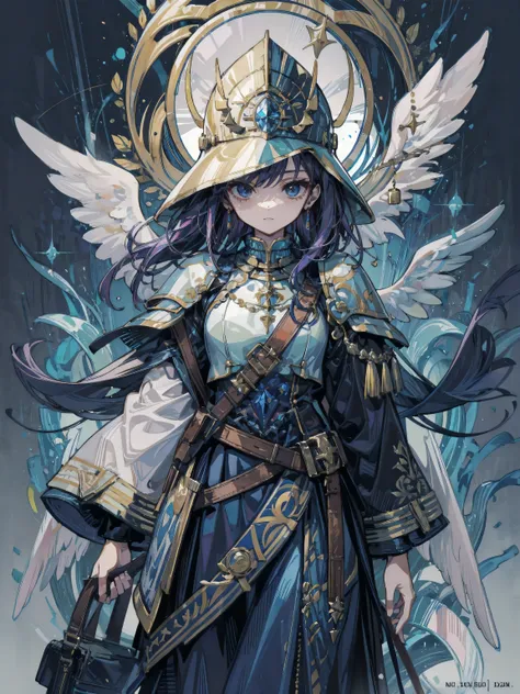 Fire effect, Paladin, Blue Armor, Blue Helmet, Decorated with jewels, Gold embroidery, Long skirt, angelic,
