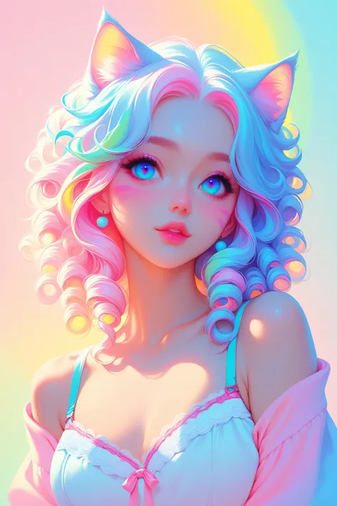 random hot and busty korean catgirl, cat ears, pastel color palette, no background, curly locks, pastel background, colorful background, lace,