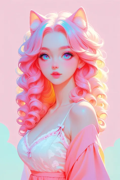 random hot and busty korean catgirl, cat ears, pastel color palette, no background, curly locks, pastel background, colorful background, lace,