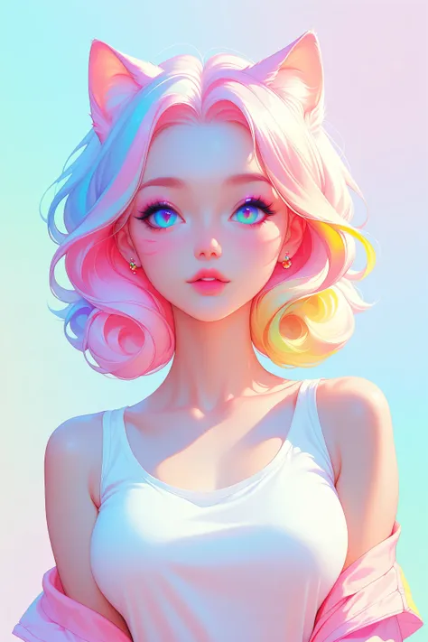 random hot and busty korean catgirl, cat ears, pastel color palette, no background, pastel background, colorful background,