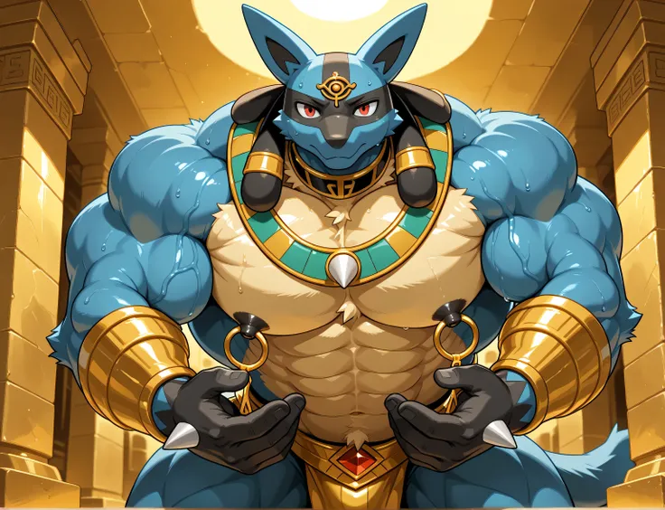 detailed background, low view, egypt, leaning forward on viewer, front view, close up, solo, score_9_up,score_8_up,score_7_up,score_6_up,score_5_up,score_4_up, BREAK kemono, bara, furry, 1boy, anthro, Lucario, Blue Fur, Chest Spike, Red Eyes, yellow chest ...