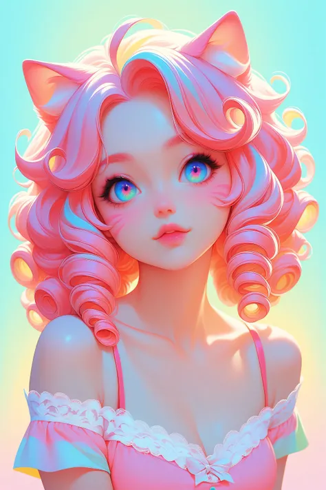 random hot and busty korean catgirl, curly ends, cat ears, pastel color palette, no background, pastel background, colorful background, lace,