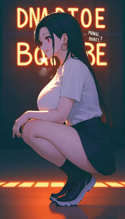 Long black hair、Red eyes、Tsukuyomi Minato, Super large size T-shirt、Sparkling sequined high leg lace under bikini、 Super huge breasts, High resolution, Masterpiece Anatomically Correct, Best Quality, high detail, damage, High resolutionモデル, retina, Very de...